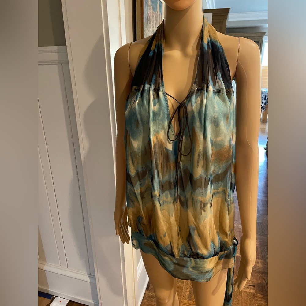 Gorgeous multicolor Haute Hippie chiffon halter w/ string detail, size M